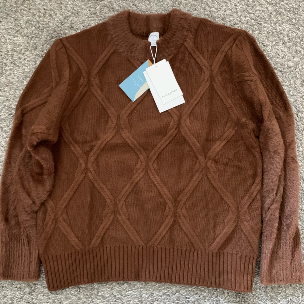Petite Studio Chocolate Keeley Wool Cable Knit Crewneck Sweater